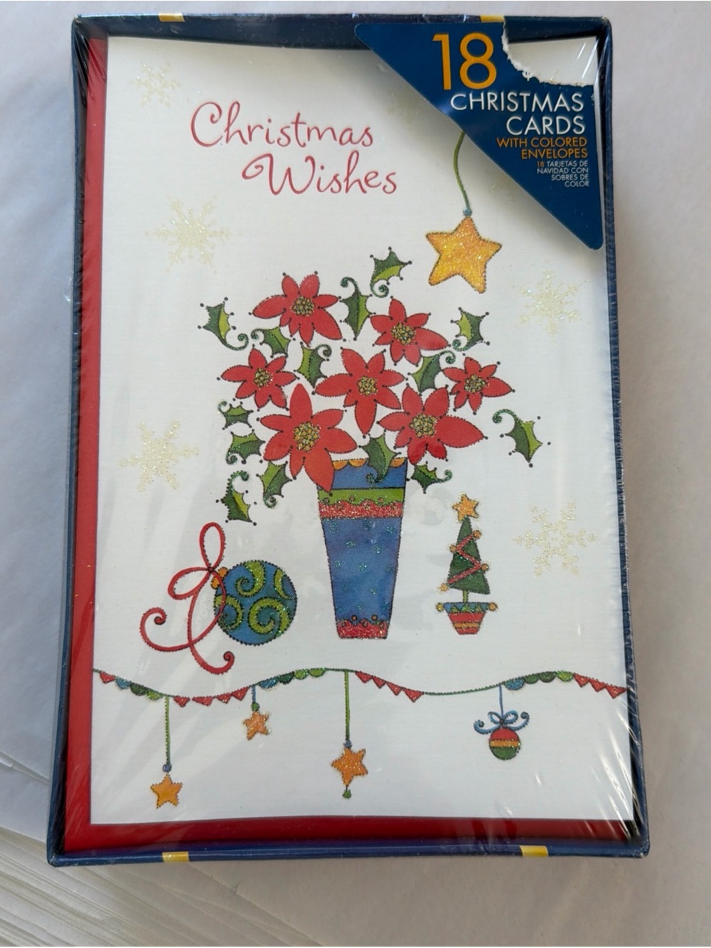18 Glitter Poinsettia Christmas Cards with Colored Envelopes NIP
